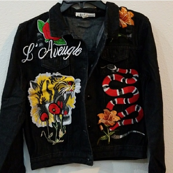 🔴LAST1🔴 BLACK PATCHWORK/EMBROIDERED DENIM JACKET - Picture 3 of 4
